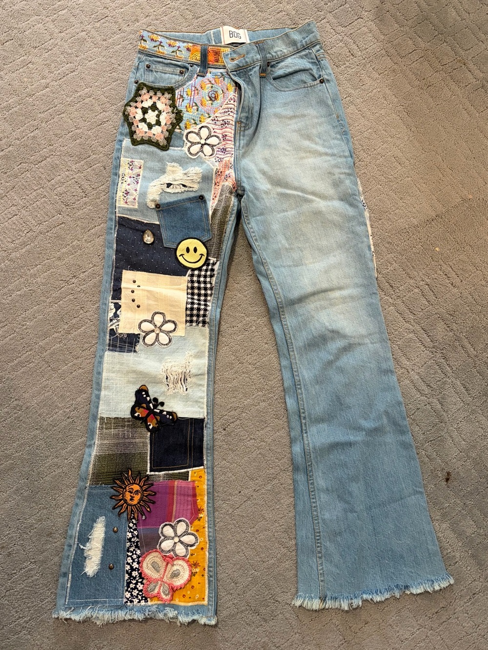 BDG Light Blue Denim Flare Jeans with Colorful Patchwork